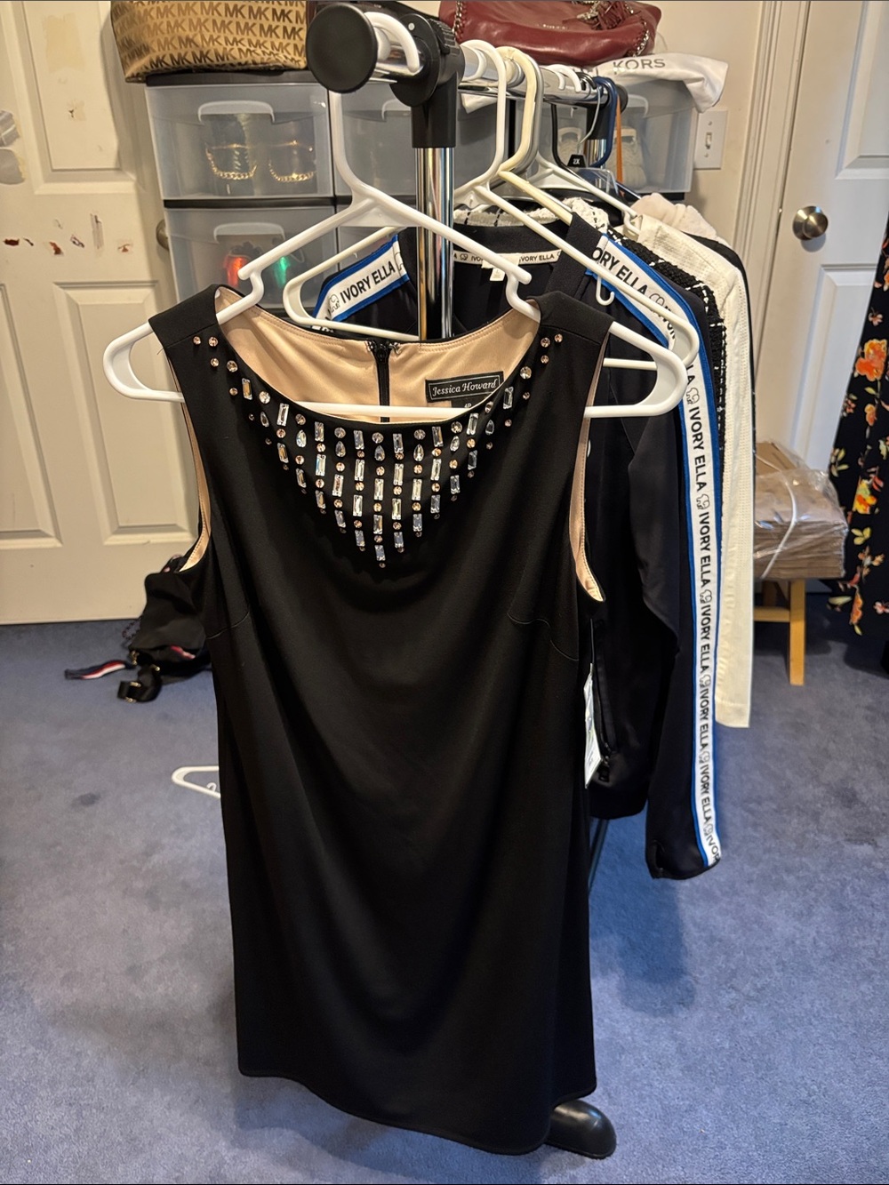 Jessica Howard Black Mini Dress with Nude Accents and Rhinestone Bib